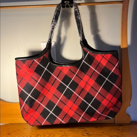 Victoria's Secret Red and Black Tote Bag with Plaid Design NWT - Picture 4 of 6